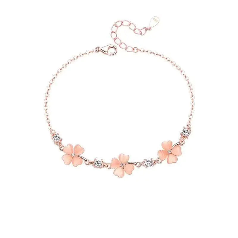 Cat's Eye Stone Clover Necklace and Pink Blossom Set