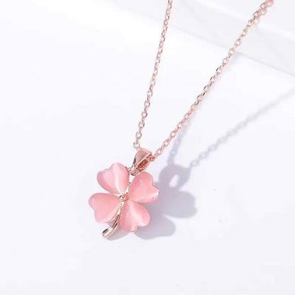 Cat's Eye Stone Clover Necklace and Pink Blossom Set
