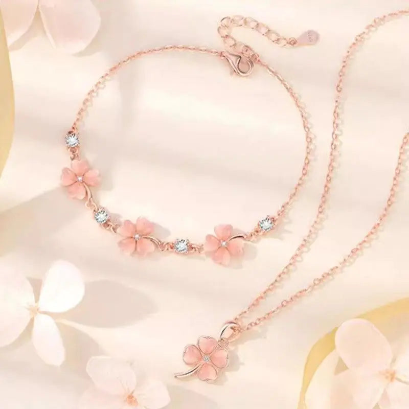 Cat's Eye Stone Clover Necklace and Pink Blossom Set
