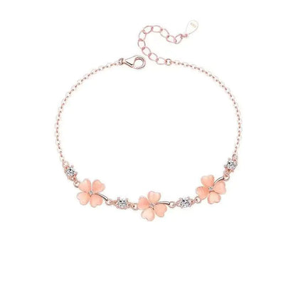 Cat's Eye Stone Clover Necklace and Pink Blossom Set