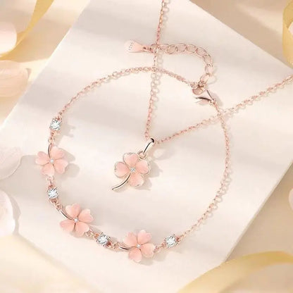Cat's Eye Stone Clover Necklace and Pink Blossom Set